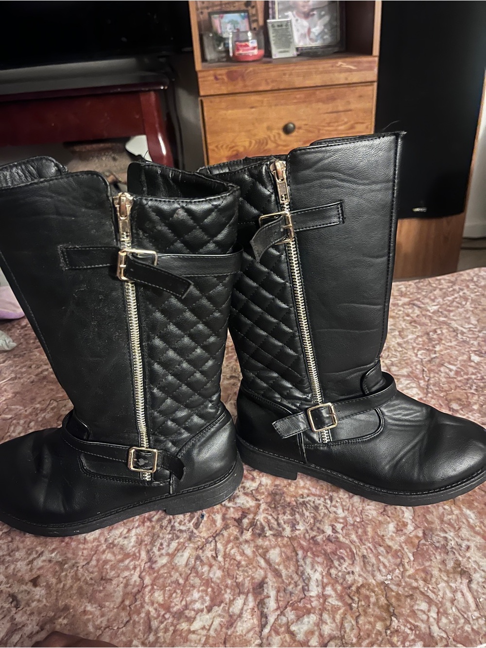 Black Quilted Mid-Calf Boots with Side Zip